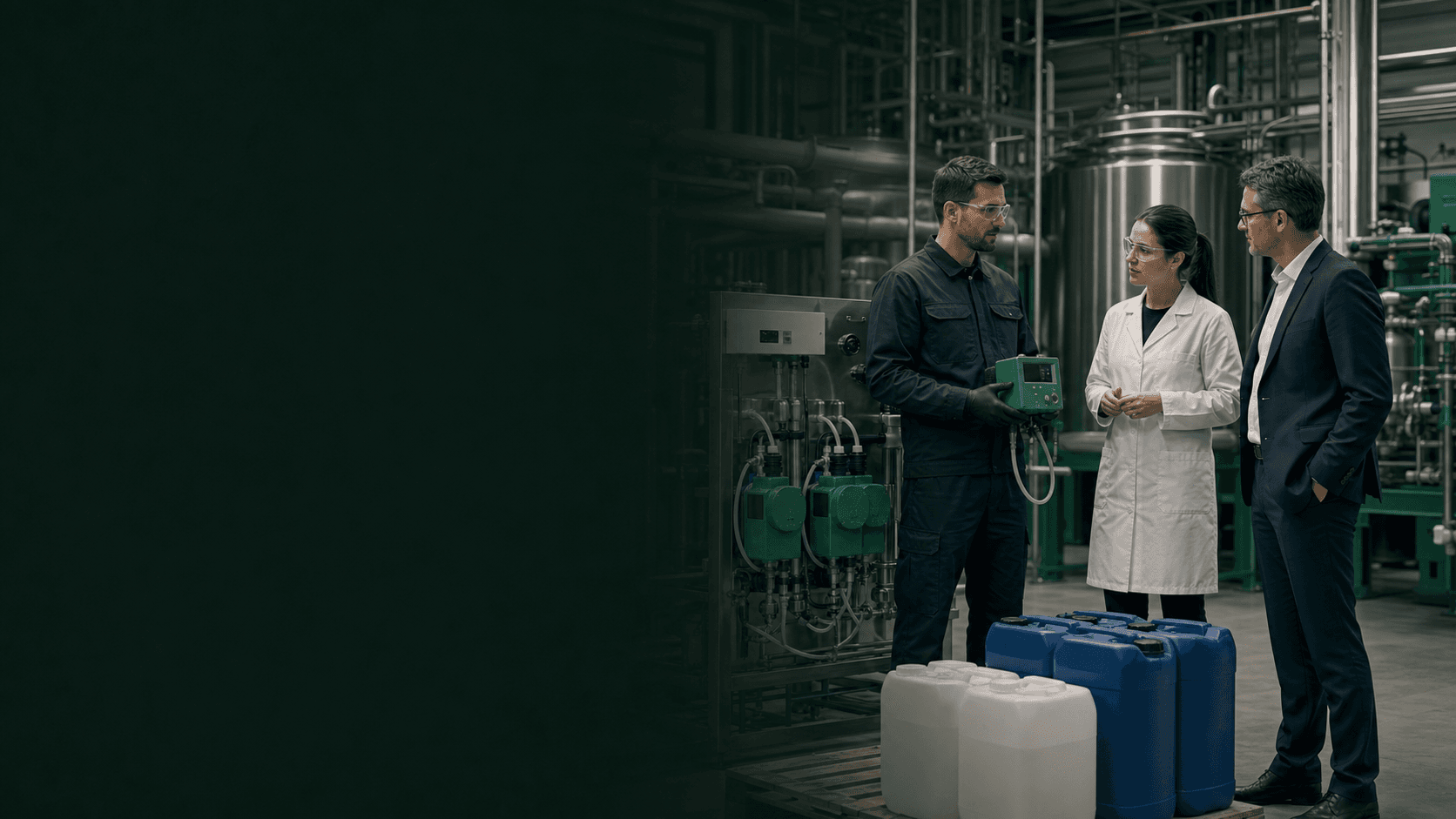 Команда GreenLAB у дозирующего оборудования на производстве