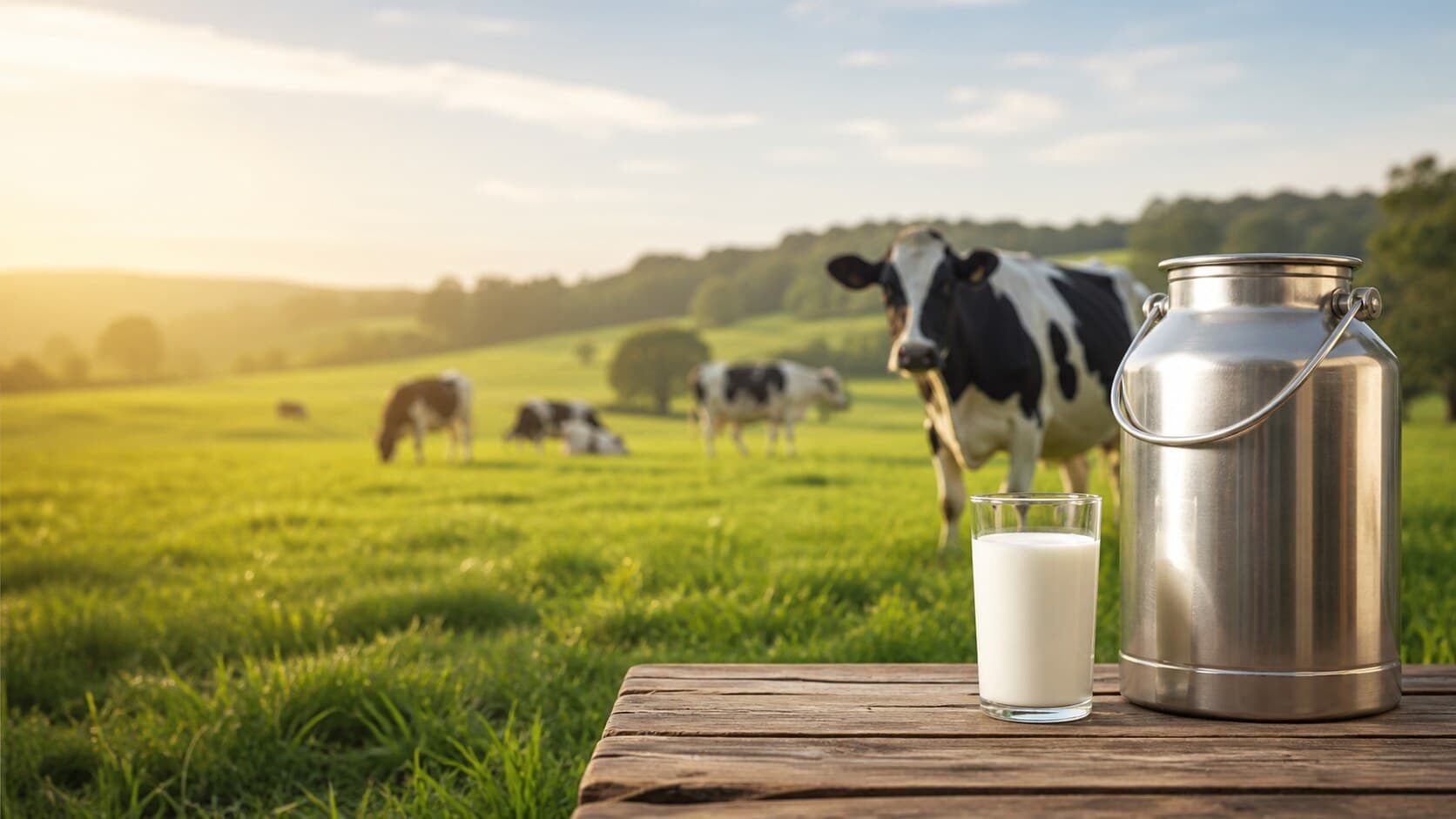 Молочные продукты и коровы на чистой ферме при дневном свете