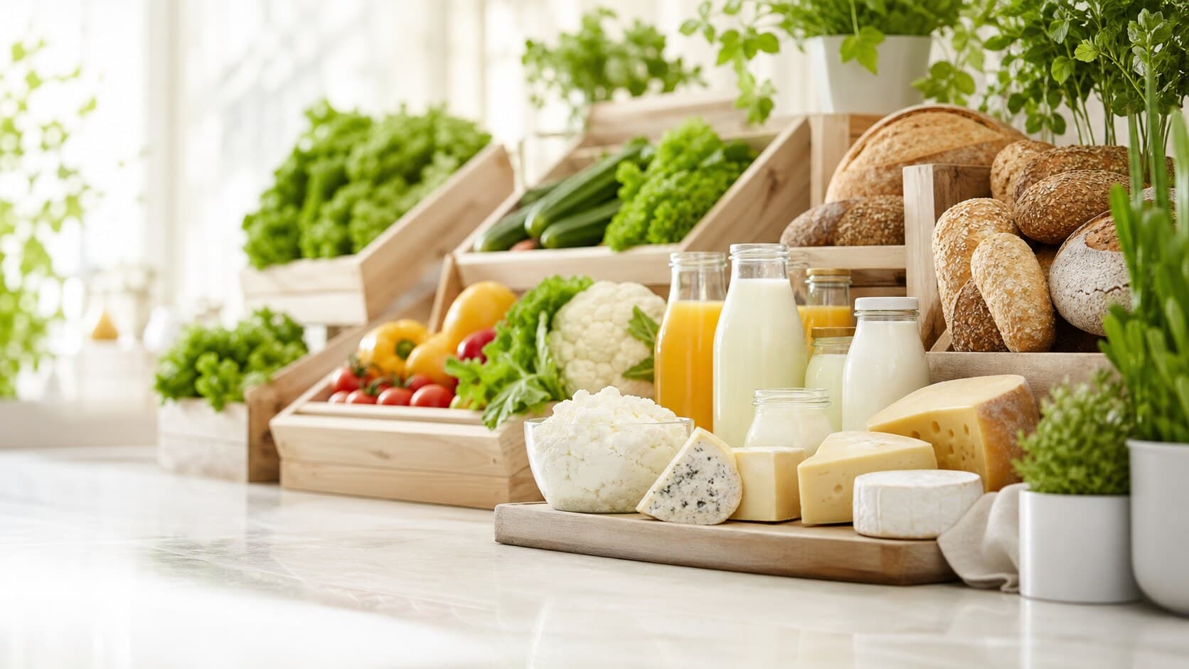 Свежие продукты и напитки в чистом профессиональном пространстве